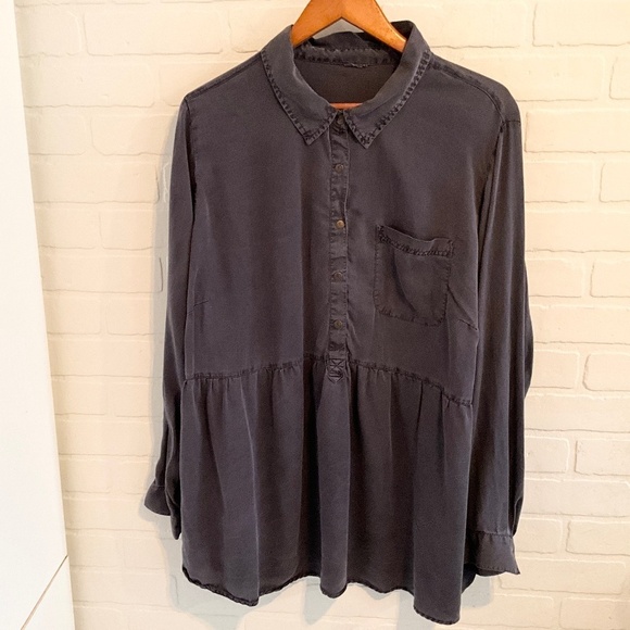 DC Jeans Blouse Half button down Navy Blue Lyocell Empire waist 2X Oversized - Picture 2 of 8